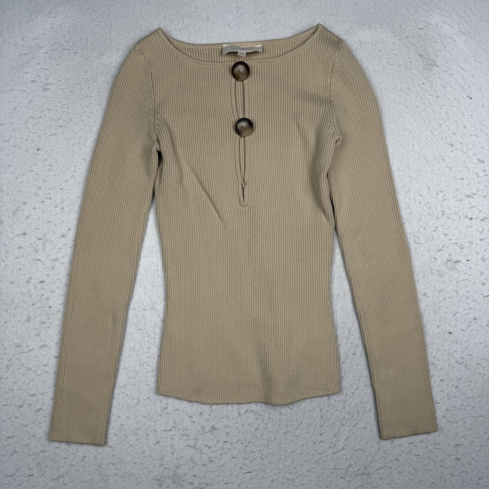 Sézane Sweater Womens XXS Beige Ribbed Scoop Neck Button Pullover Knit